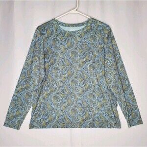 Lands End Paisley Long Sleeve T-Shirt Women Medium Green Blue Stretch Cotton